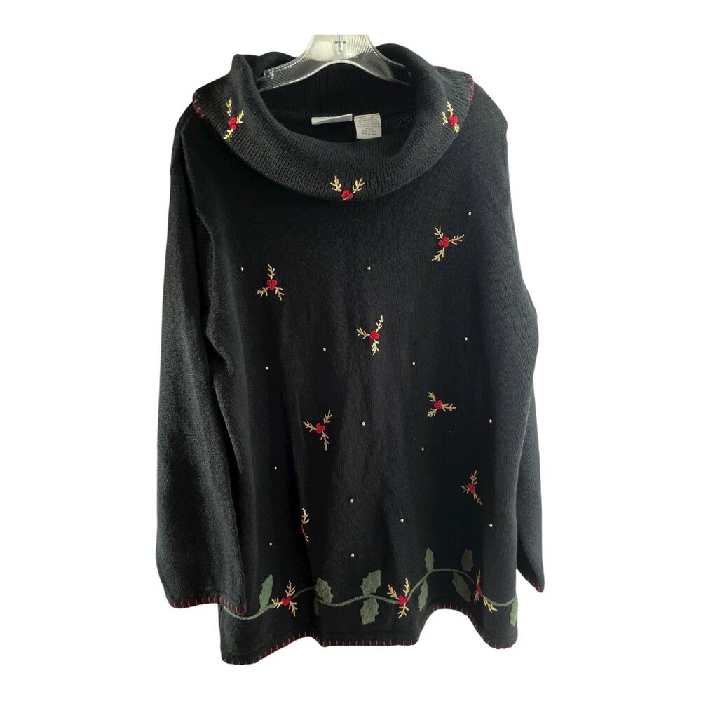 VTG Basic Editions Christmas Sweater XL – Black Holly Embroidery – Shoulder Seam